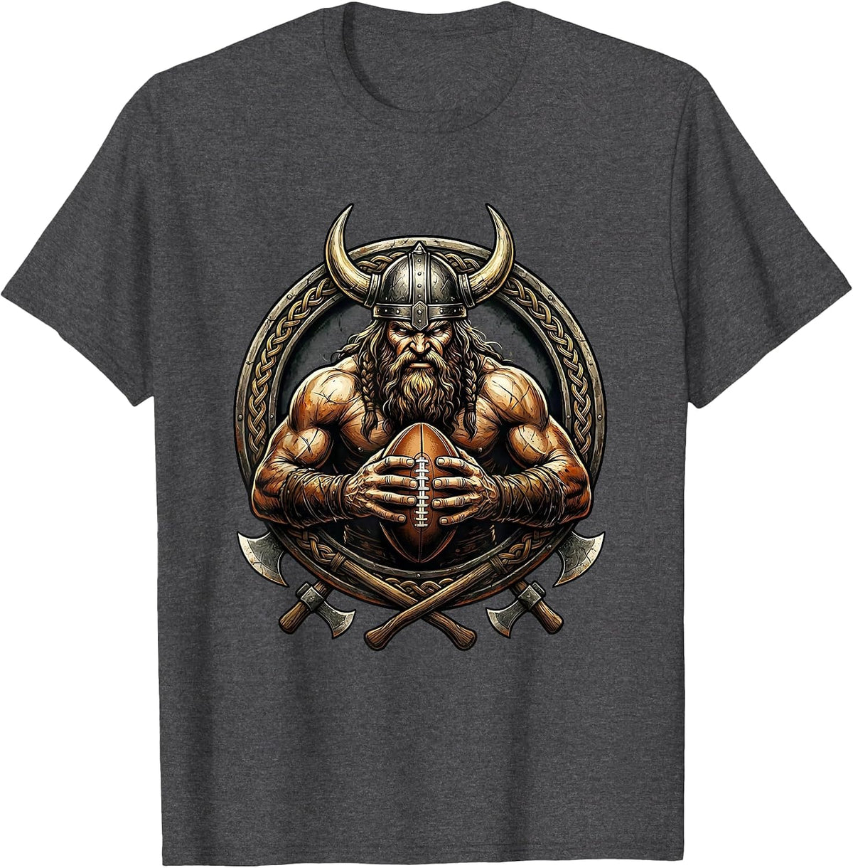Viking Warrior Rugby Ball Graphic Design T-Shirt - Dark Heather Grey