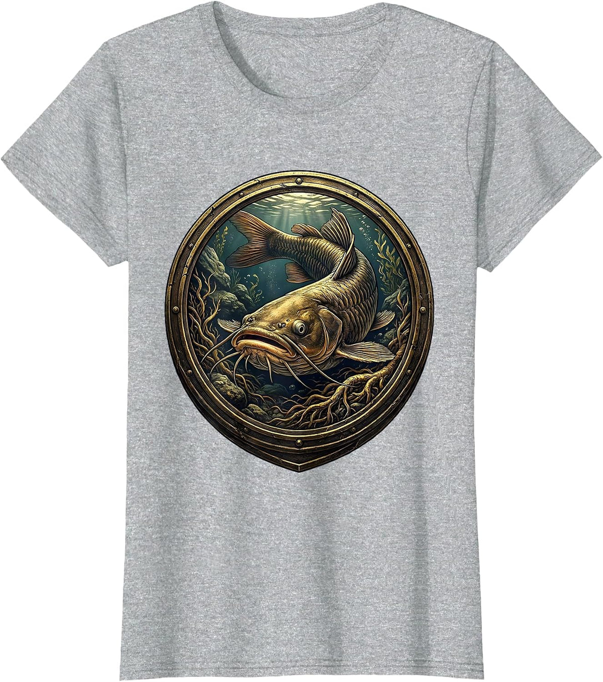 Catfish Lurking River Bottom Fishing Graphic T-Shirt - Heather Grey