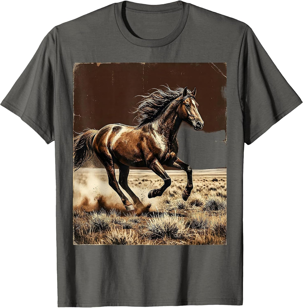 Galloping Horse Open Plains Illustration T-Shirt - Asphalt Grey