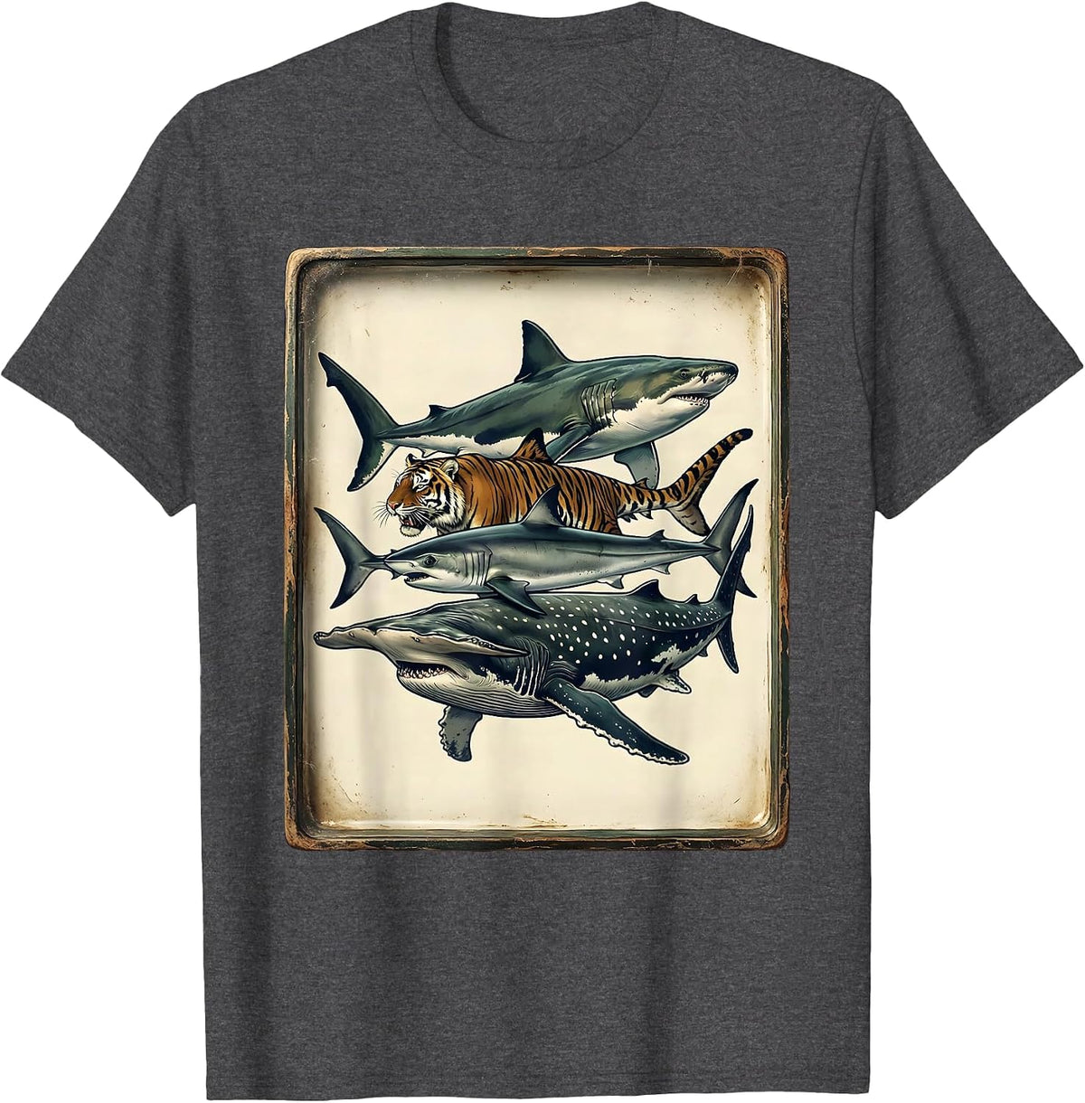 Men's Five Shark Species Vintage Ocean Wildlife Humor T-Shirt - Dark Heather Grey