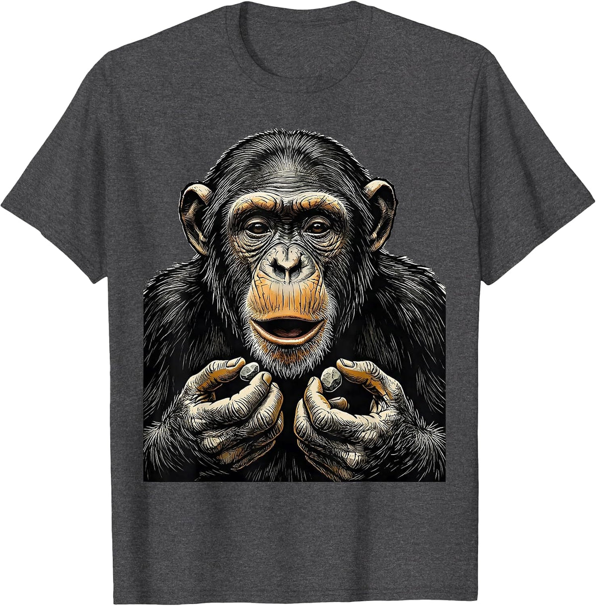 Men's Thinking Chimp Linocut Funny Monkey Meme T-Shirt - Dark Heather Grey