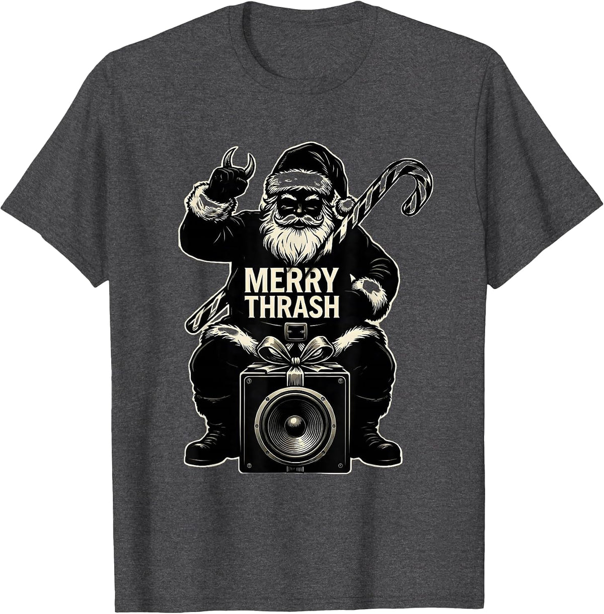 Merry Thrash Heavy Metal Santa Parody Rocker Christmas T-Shirt - Dark Heather Grey