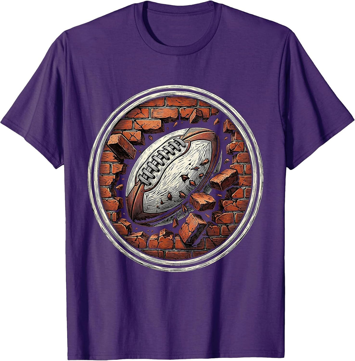 Rugby Ball Smashing Through Brick Wall Graphic T-Shirt - Purple