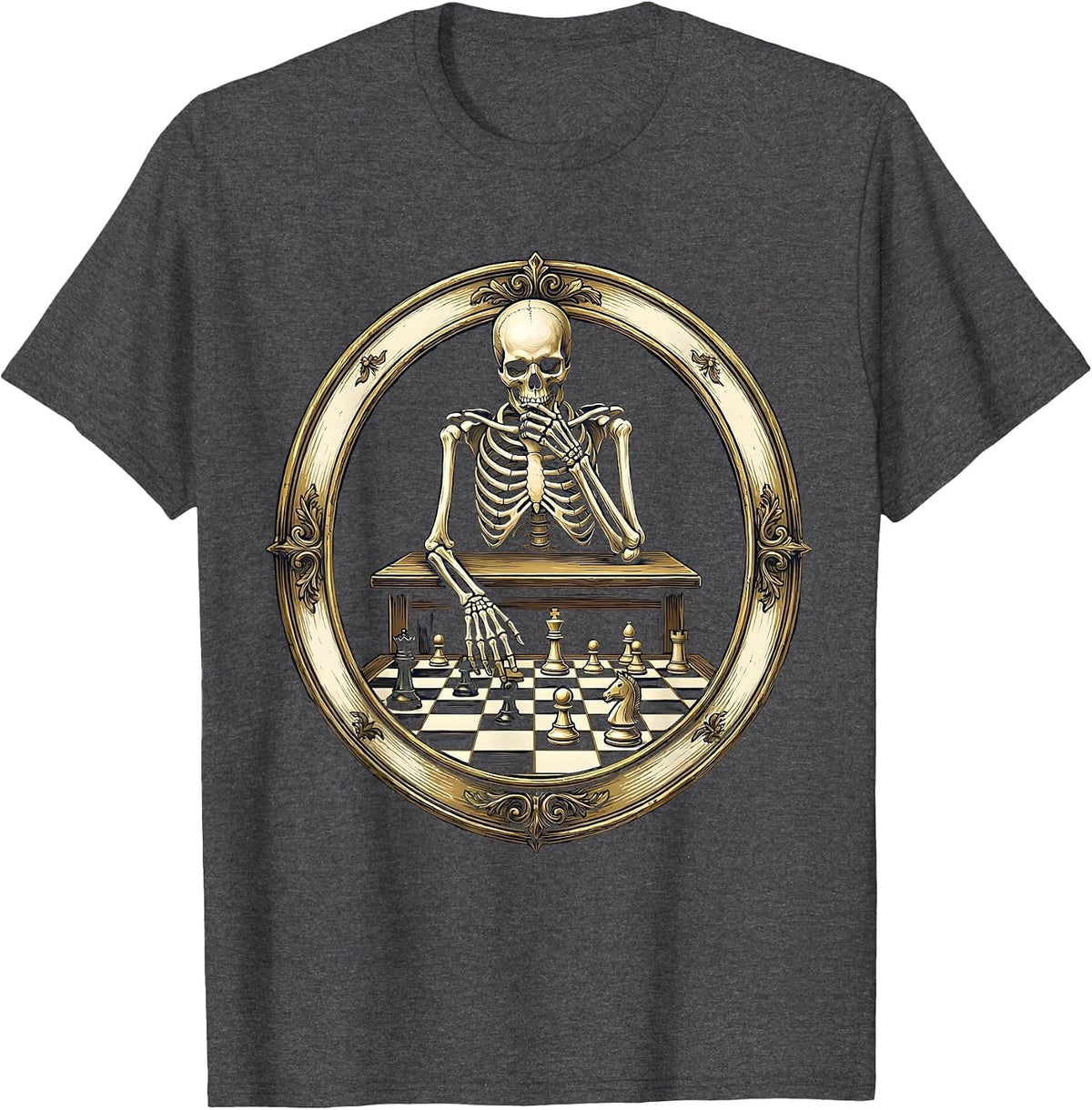 Skeleton Playing Chess Alone Illustration T-Shirt - Dark Heather Grey