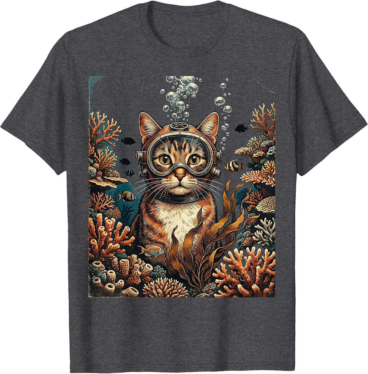 Cat Scuba Diver Underwater Reef Illustration T-Shirt - Dark Heather Grey