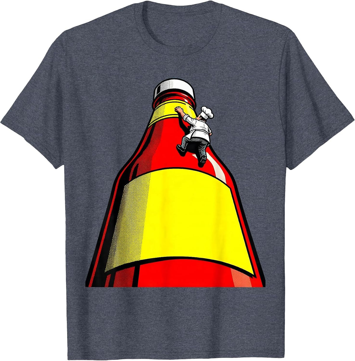 Tiny Chef Climbing Giant Ketchup Bottle T-Shirt - Heather Blue
