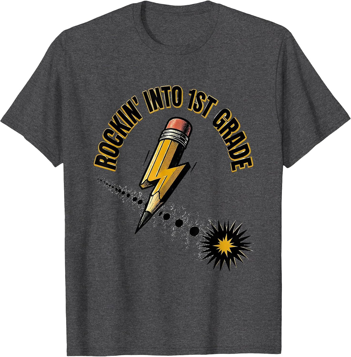 Rockin Into 1st Grade Playful Pencil Rock Music Parody Back T-Shirt - Dark Heather Grey