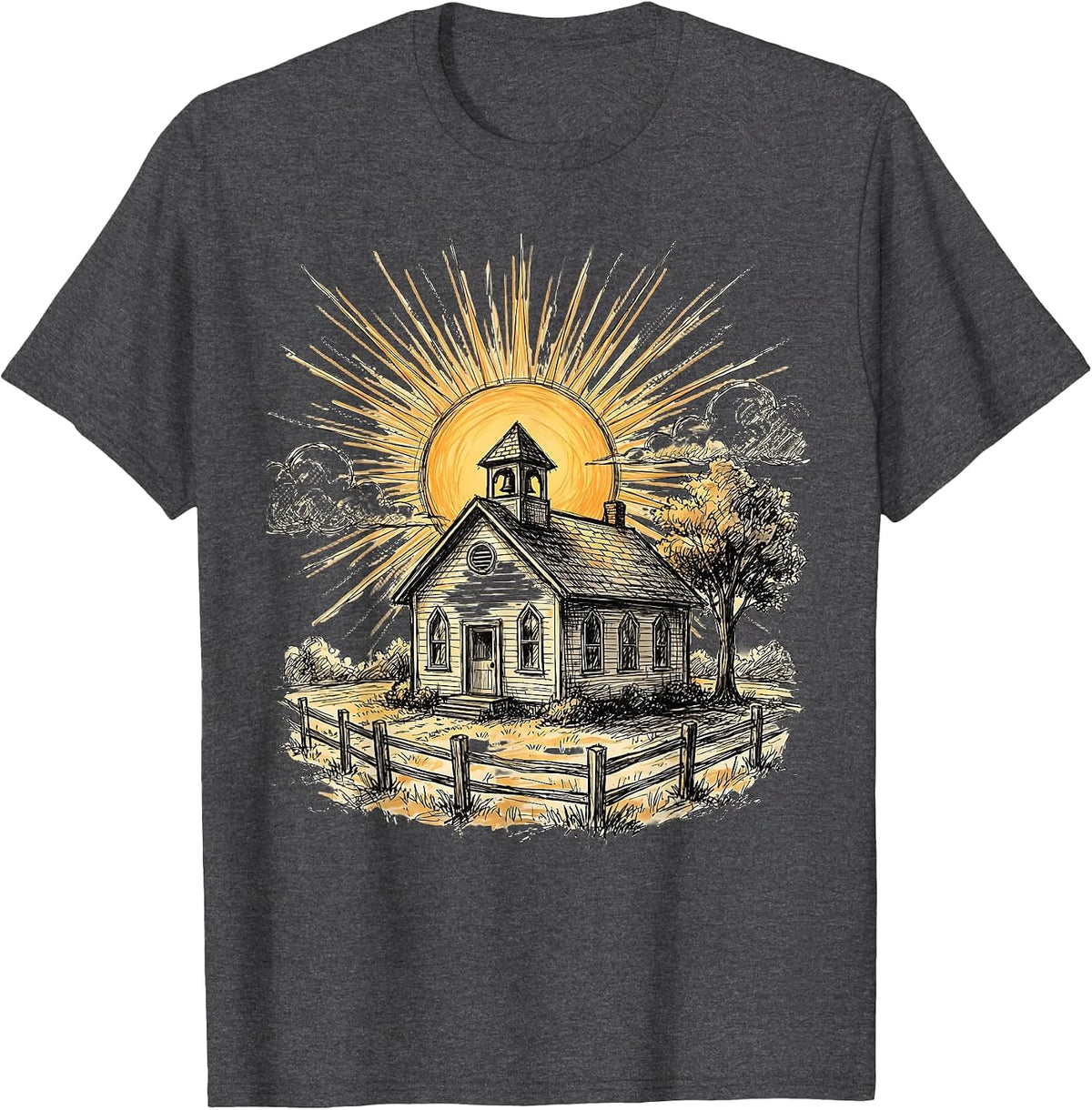 5th Grade Teacher Schoolhouse Sunrise Design T-Shirt - Dark Heather Grey