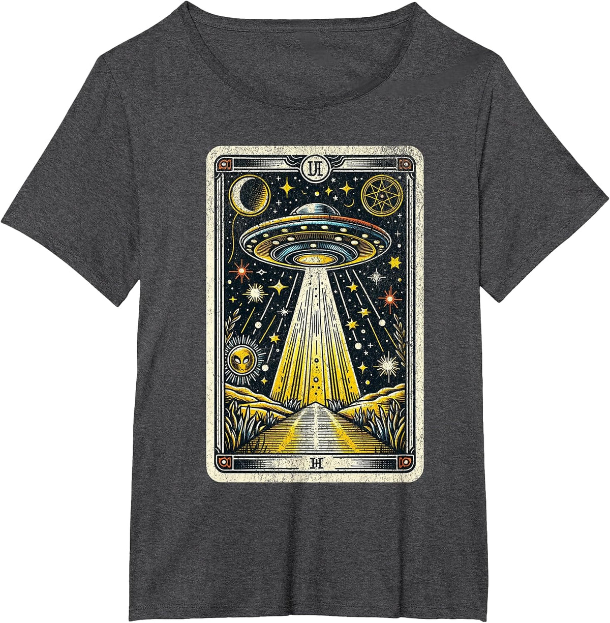 Vintage UFO Tarot Card Alien Astrology Retro Zodiac T-Shirt - Dark Heather Grey