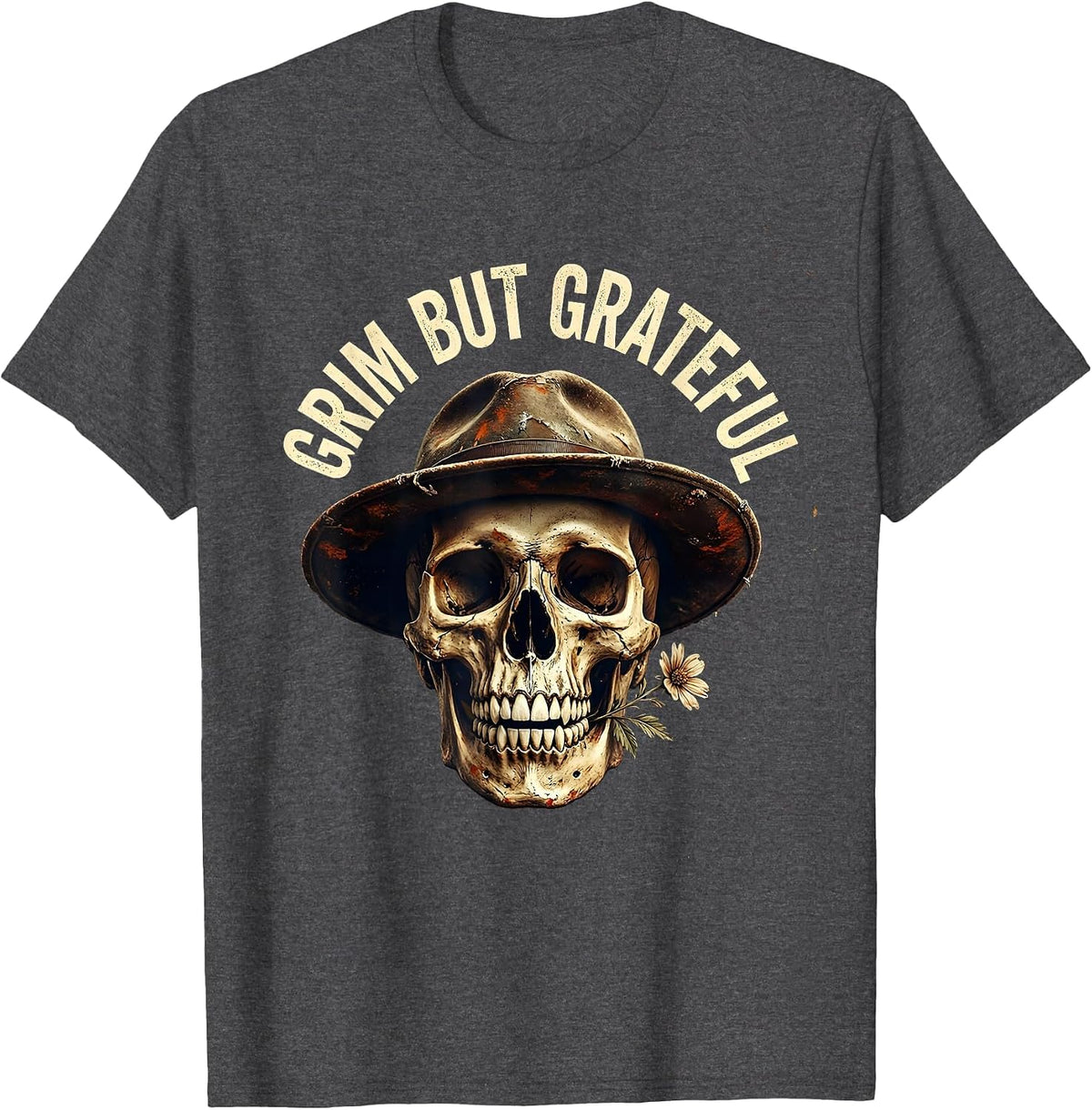 Grim But Grateful Skull Graphic Design T-Shirt - Dark Heather Grey