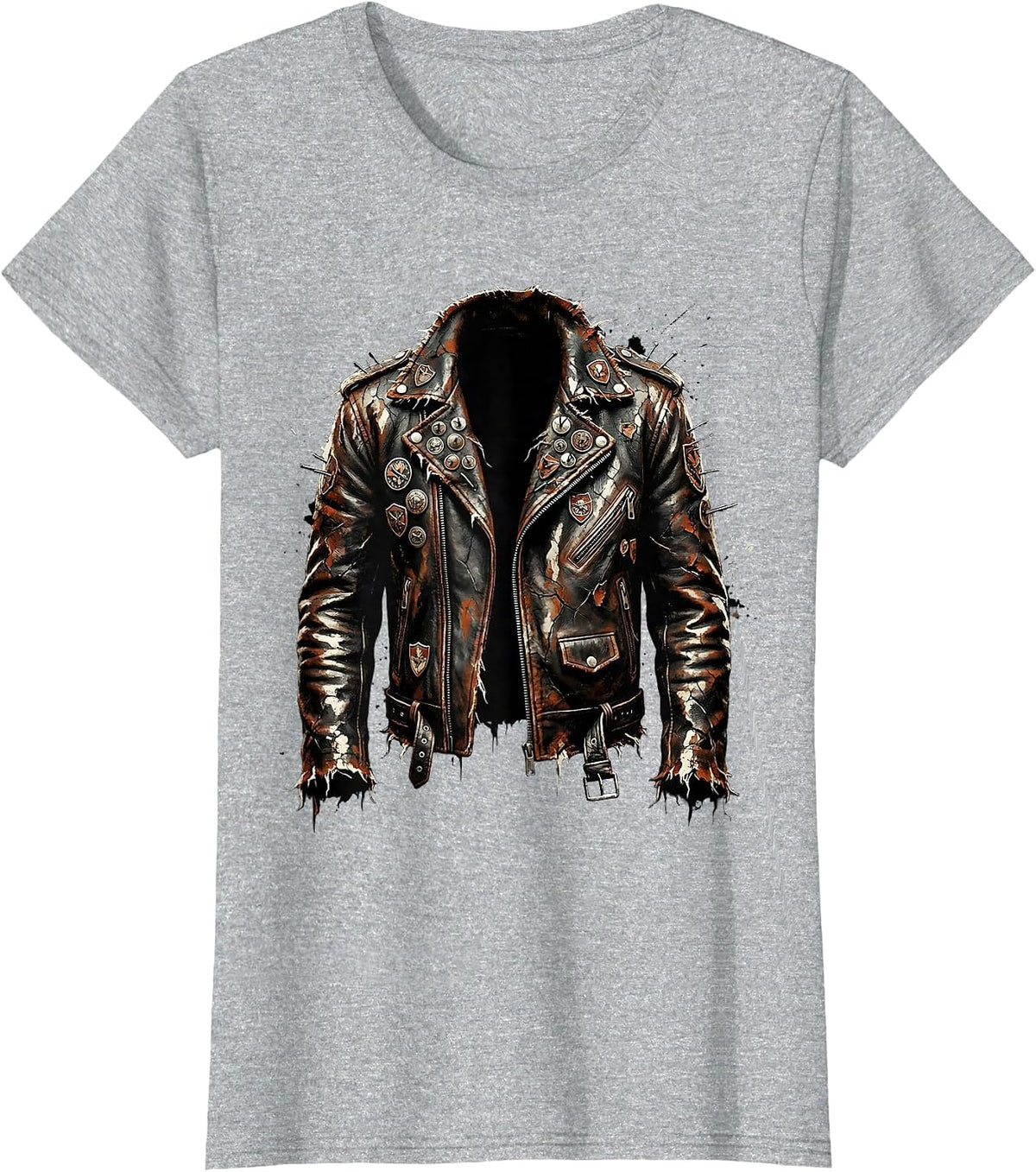 Grunge Torn Leather Jacket Pins and Badges Art T-Shirt - Heather Grey