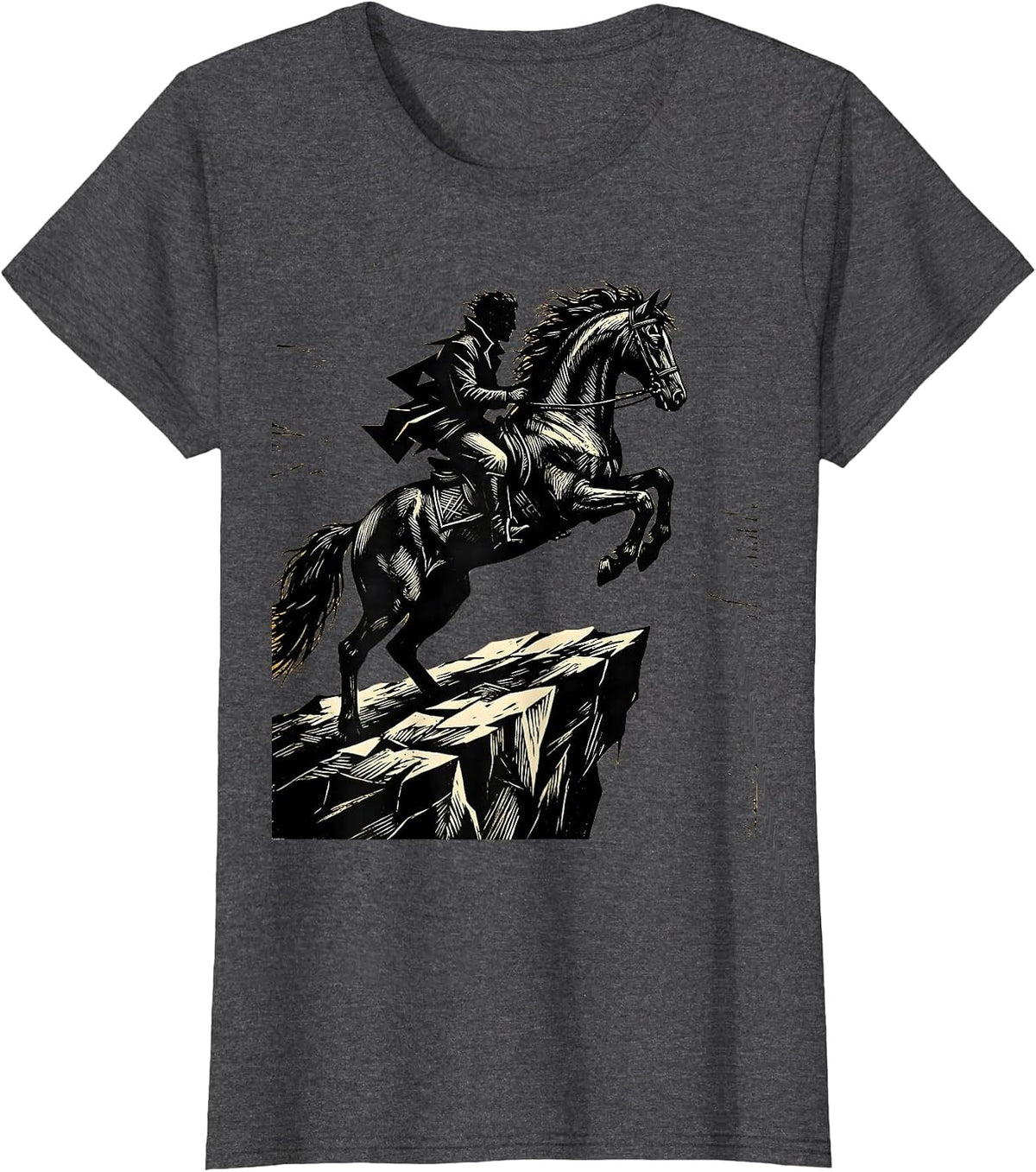 Women's Horse and Rider Silhouette Cliff Edge Design T-Shirt - Dark Heather Grey