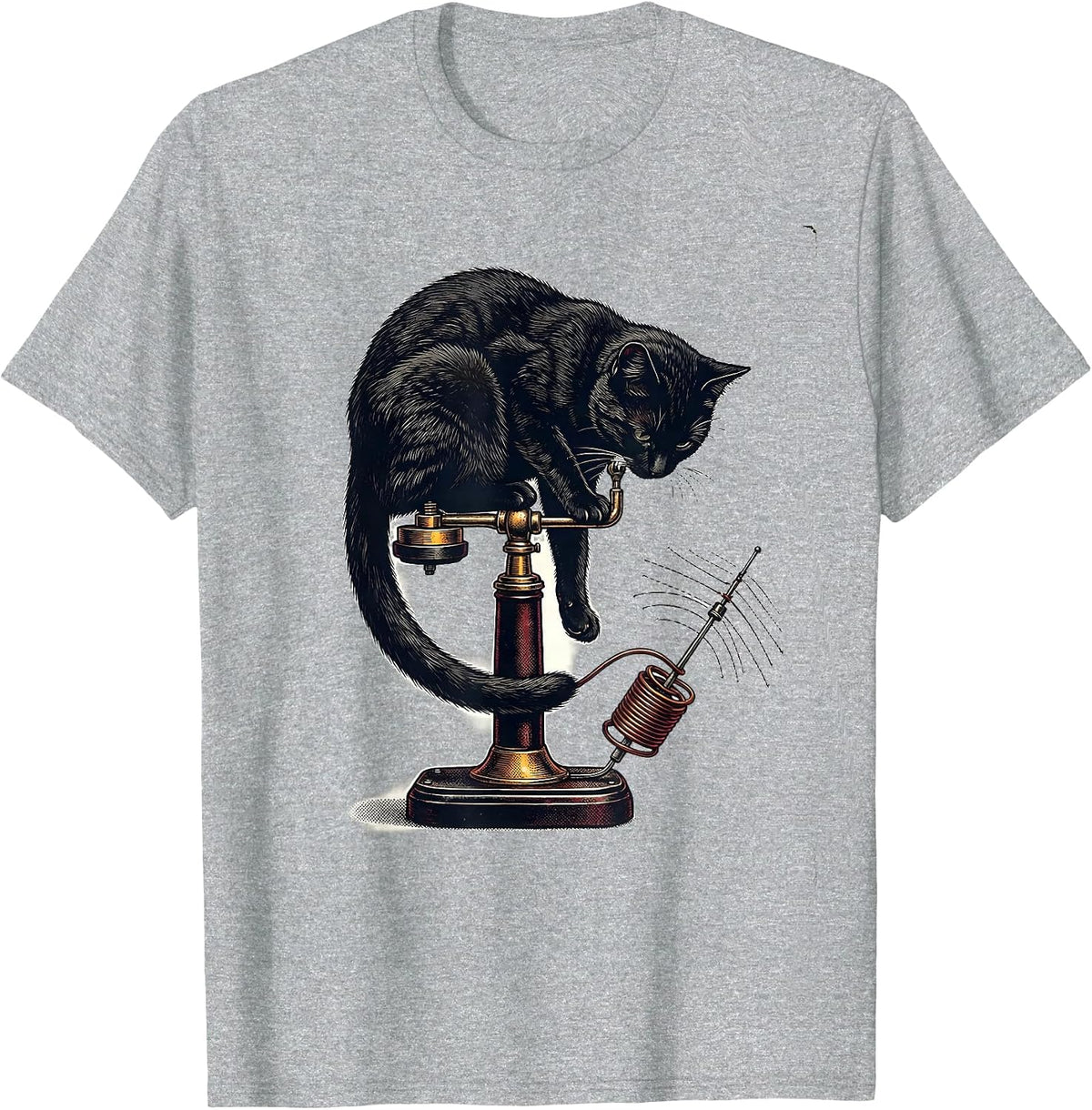 Men's Curled Cat on Telegraph Key Vintage Ham Radio Humor T-Shirt - Heather Grey