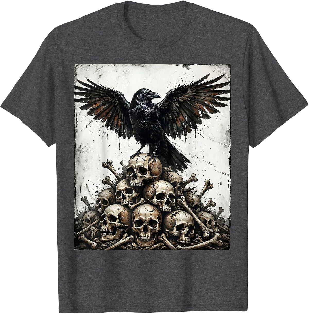 Crow Standing on a Pile of Bones Dark Art Design T-Shirt - Dark Heather Grey