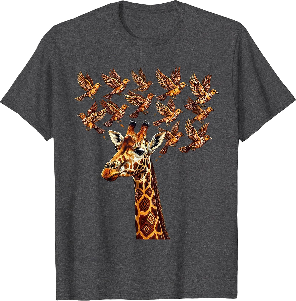 Giraffe Dissolving Into Flying Birds Illustration T-Shirt - Dark Heather Grey