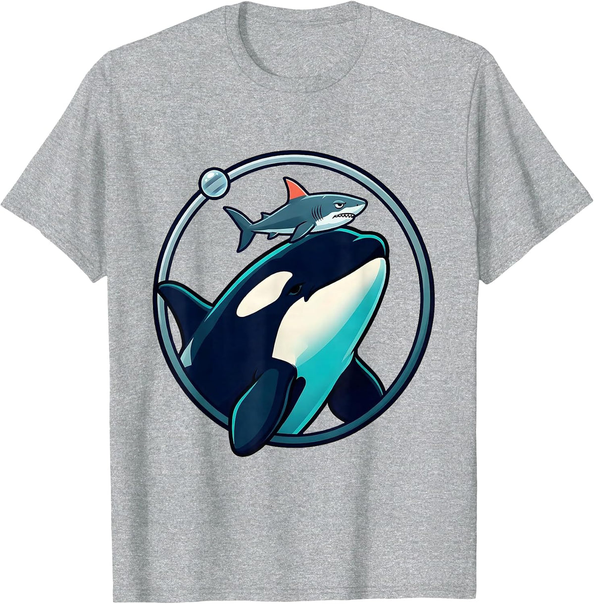 Men's Orca Balancing Shark Cartoon Ocean Animal Humor T-Shirt - Heather Grey