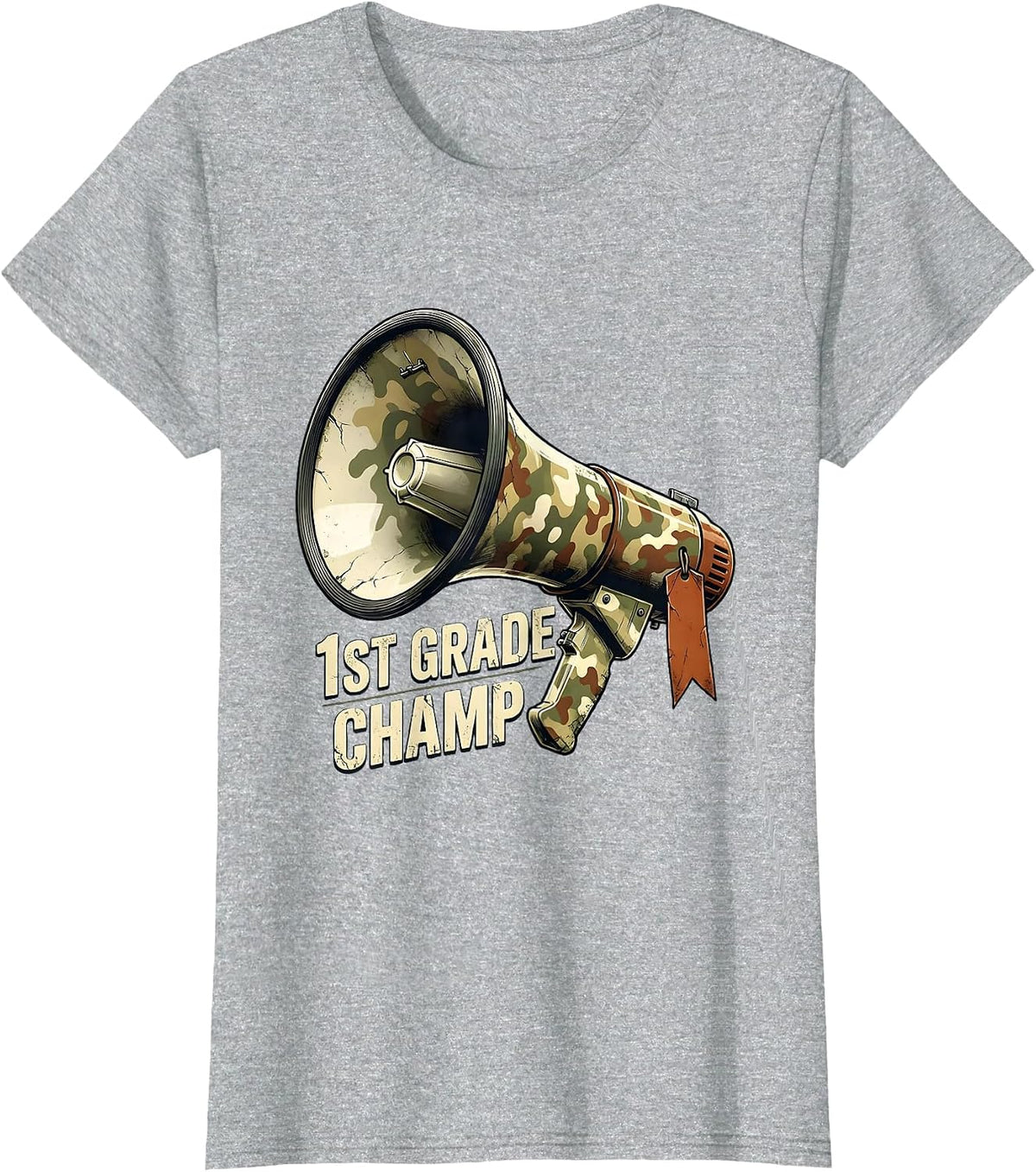 Women's 1st Grade Champ Distressed Camo School Megaphone Back T-Shirt - Heather Grey