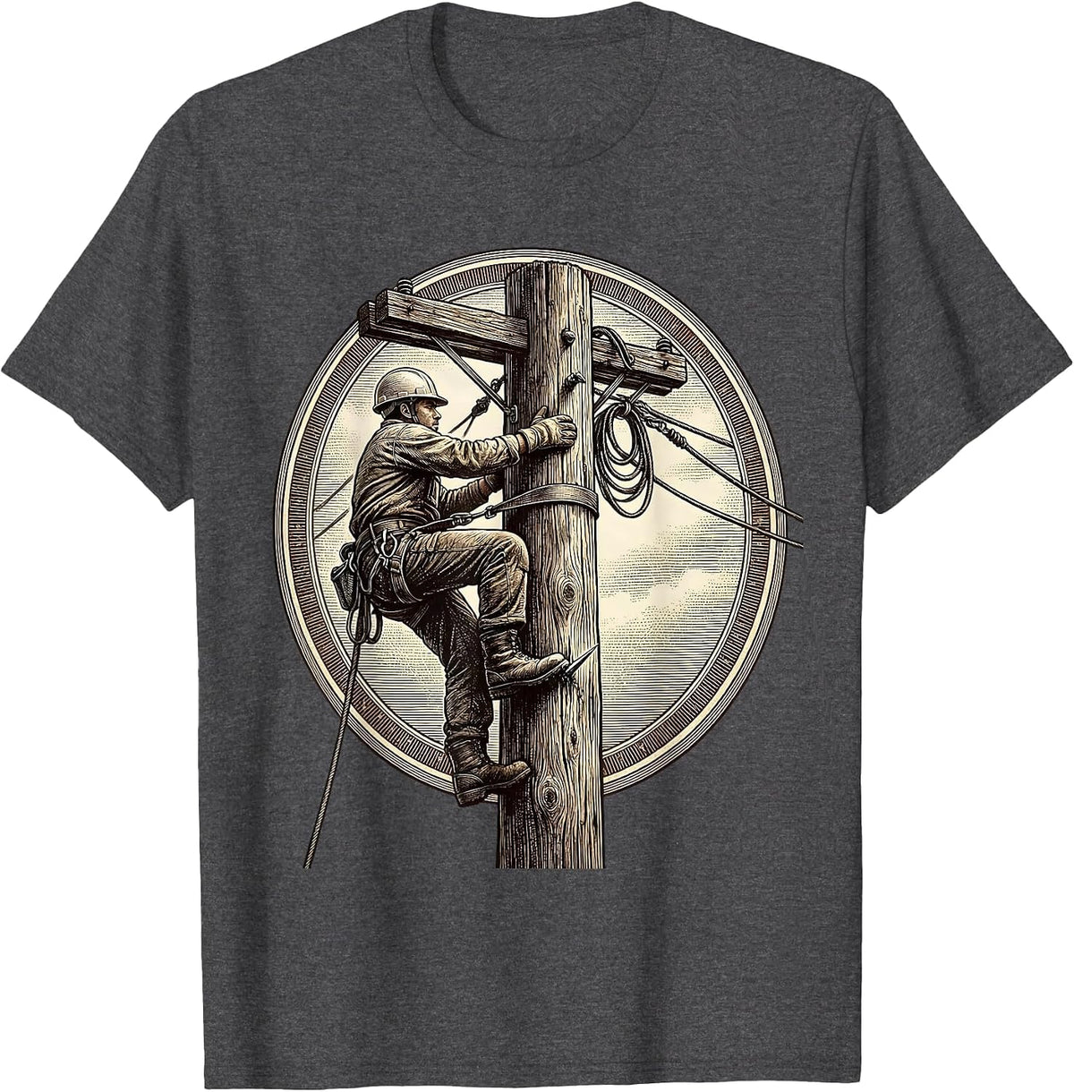 Electrician Climbing Utility Pole Graphic Tee T-Shirt - Dark Heather Grey