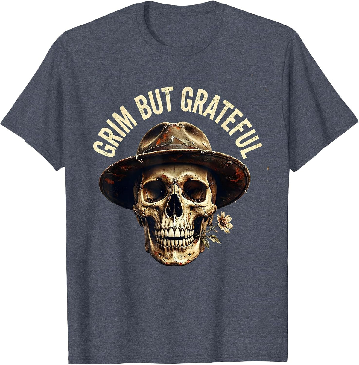 Grim But Grateful Skull Graphic Design T-Shirt - Heather Blue