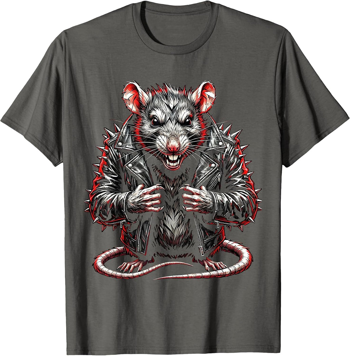 Punk Rat Spiked Leather Jacket Graphic T-Shirt - Asphalt Grey
