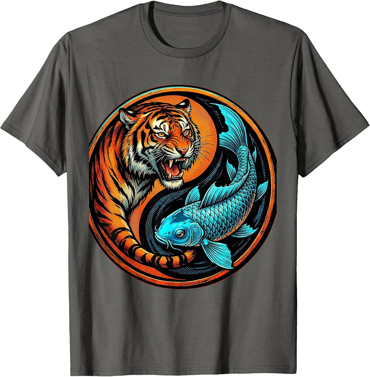 Tiger and Koi Fish Yin-Yang Balance Design T-Shirt - Asphalt Grey