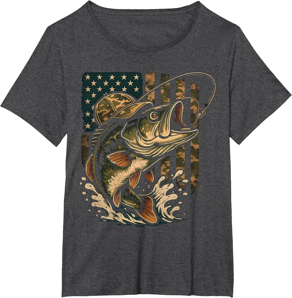 Fishing Camouflage US American Flag Bass Fish Fisherman Camo T-Shirt - Dark Heather Grey