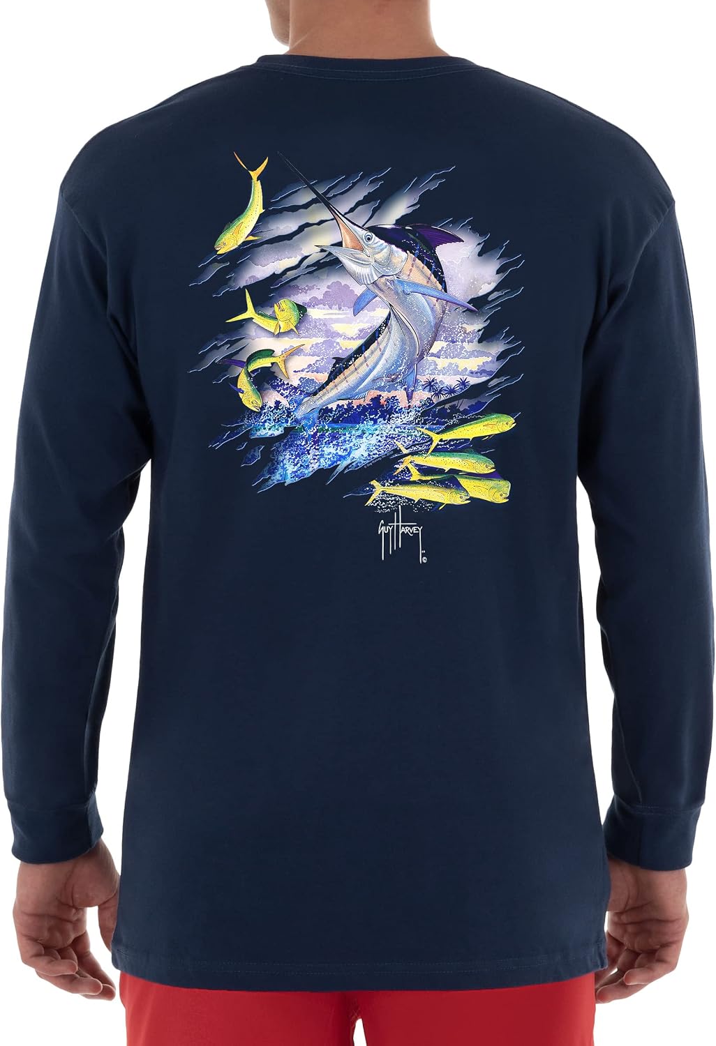Guy Harvey Men’s Long Sleeve OG Cotton Graphic T-Shirt - Estate Blue\/Ripped