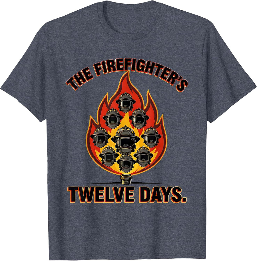 The Firefighter's Twelve Days Funny Holiday Novelty Gift T-Shirt - Heather Blue