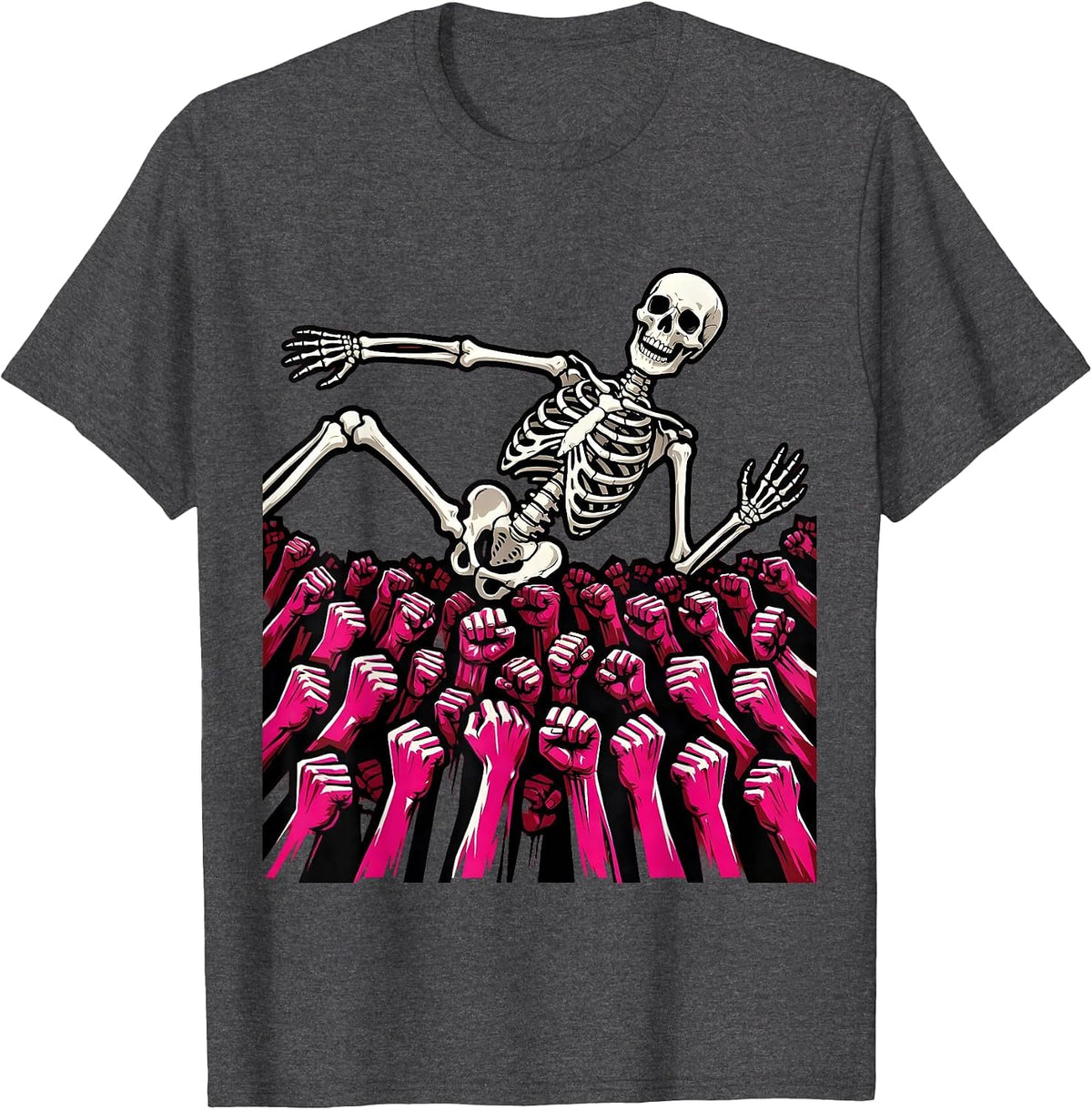 Skeleton Crowd Surfing Punk Concert Graphic T-Shirt - Dark Heather Grey