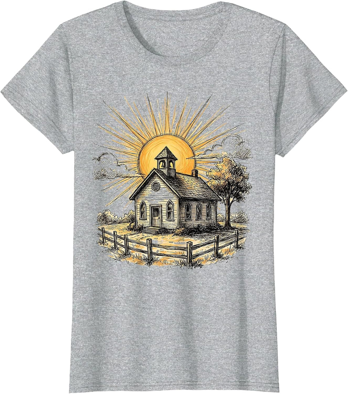 5th Grade Teacher Schoolhouse Sunrise Design T-Shirt - Heather Grey