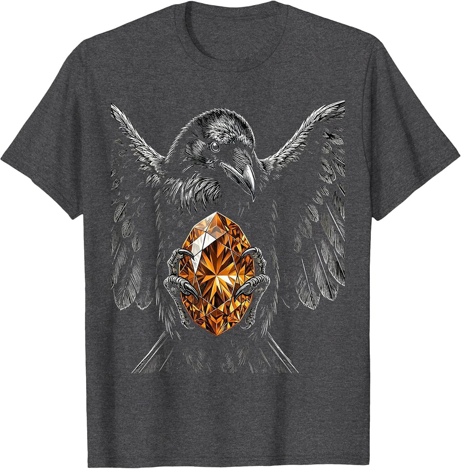 Men's Raven With Glowing Gemstone Mystic Art Design T-Shirt - Dark Heather Grey