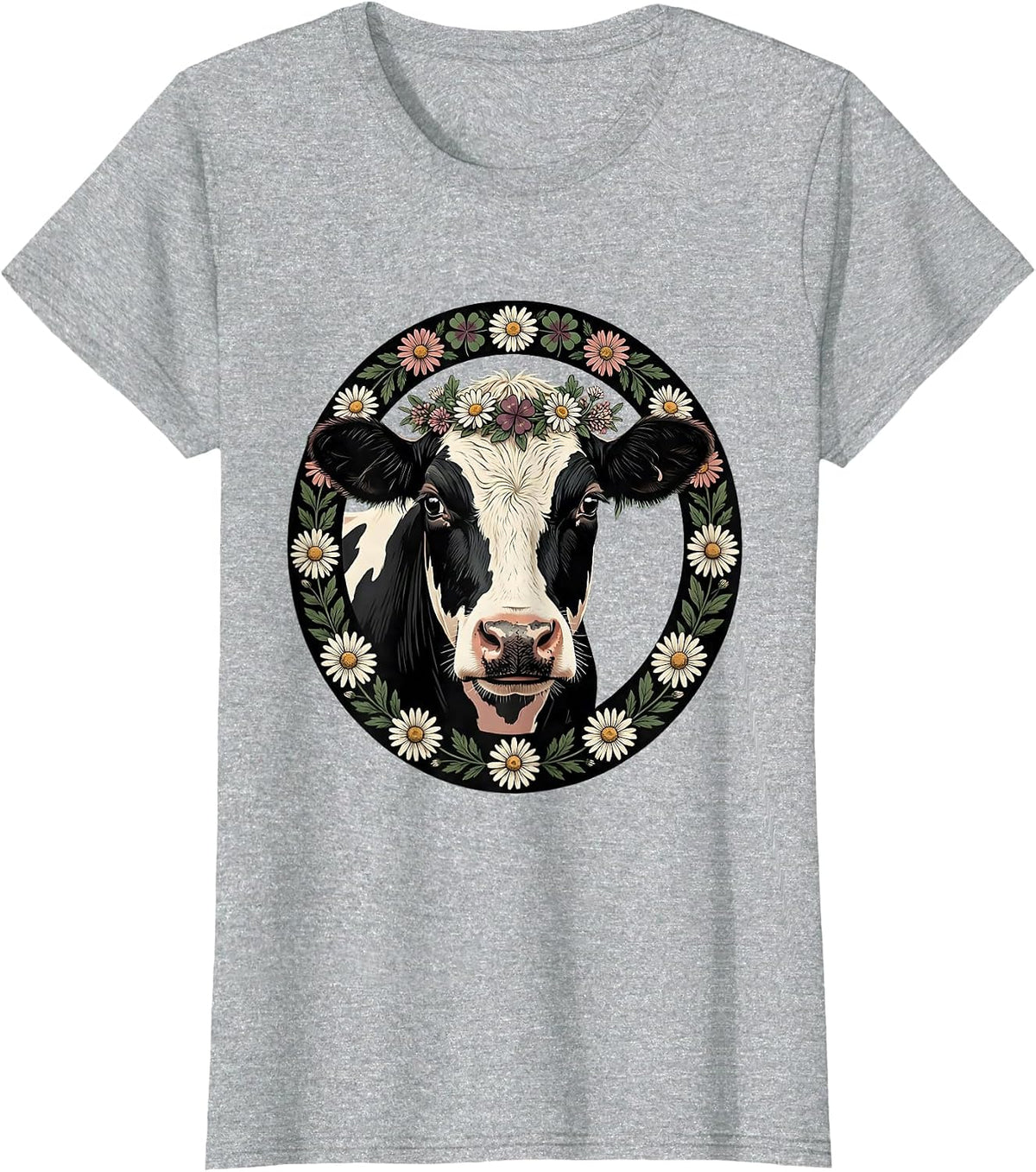 Cute Cow Face Flower Crown Graphic T-Shirt - Heather Grey