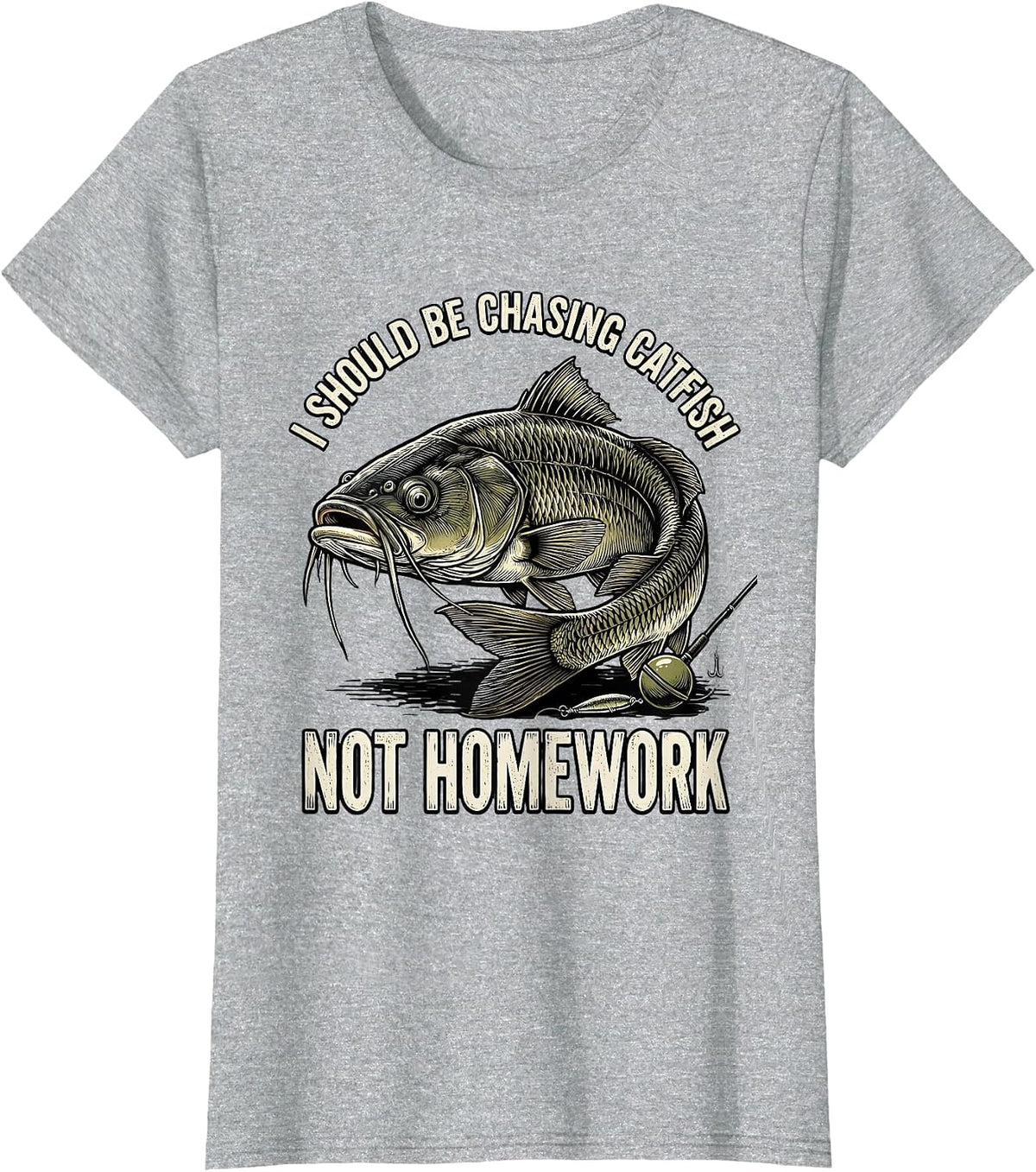 I Should Be Chasing Catfish, Not Homework Funny Fishing T-Shirt - Heather Grey