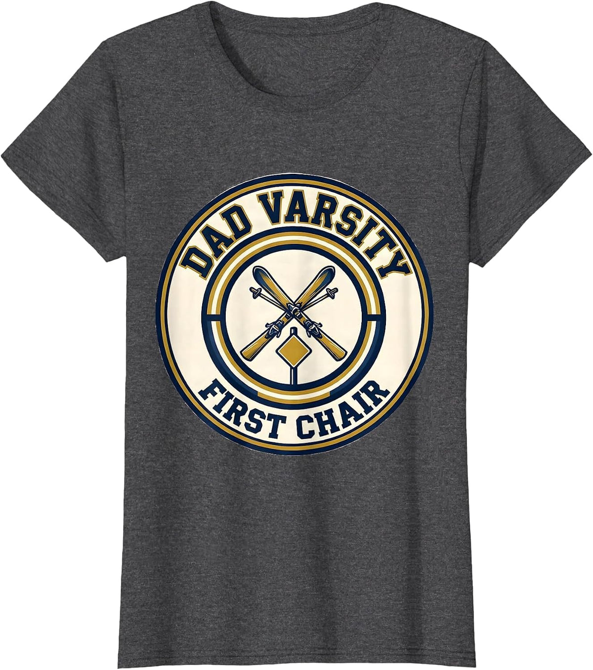 Women's Dad Varsity First Chair Ski Dad Humor Skiing Enthusiast T-Shirt - Dark Heather Grey