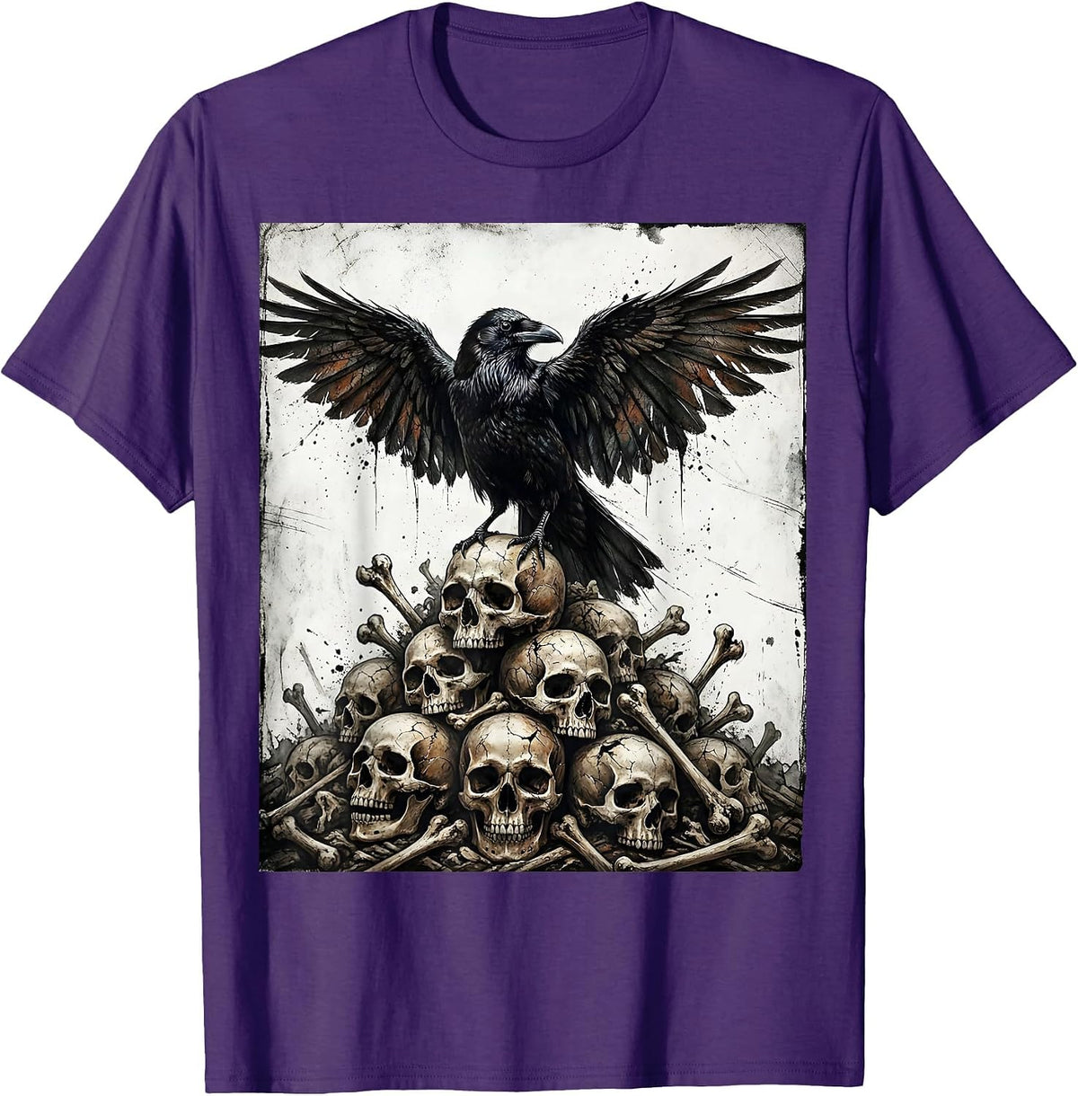 Crow Standing on a Pile of Bones Dark Art Design T-Shirt - Purple
