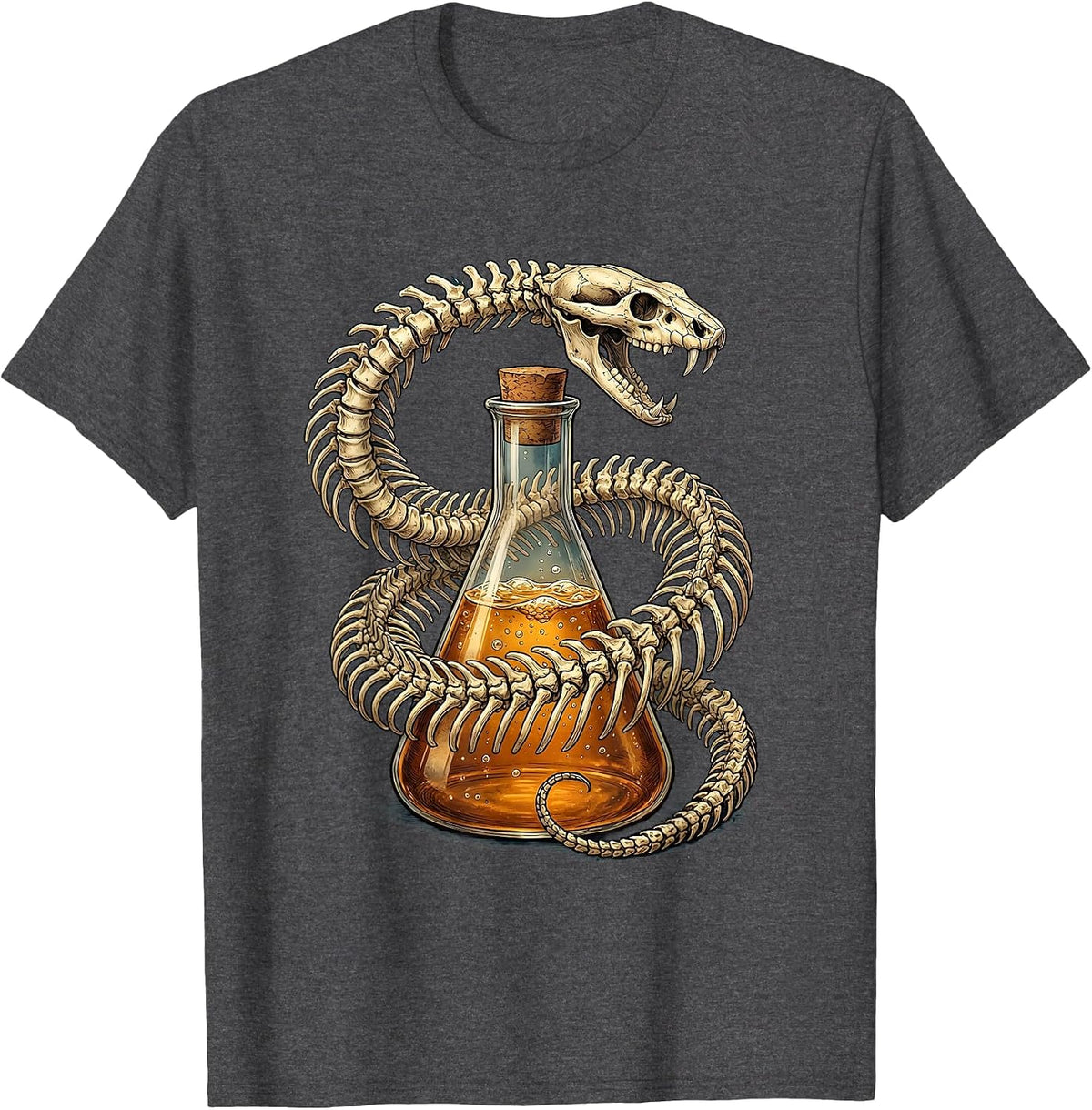 Snake Skeleton Coiled Around Chemistry Beaker T-Shirt - Dark Heather Grey