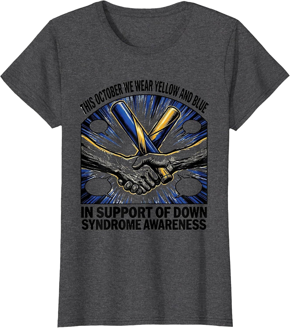 Women's This October We Wear Yellow And Blue Down Syndrome Awareness T-Shirt - Dark Heather Grey