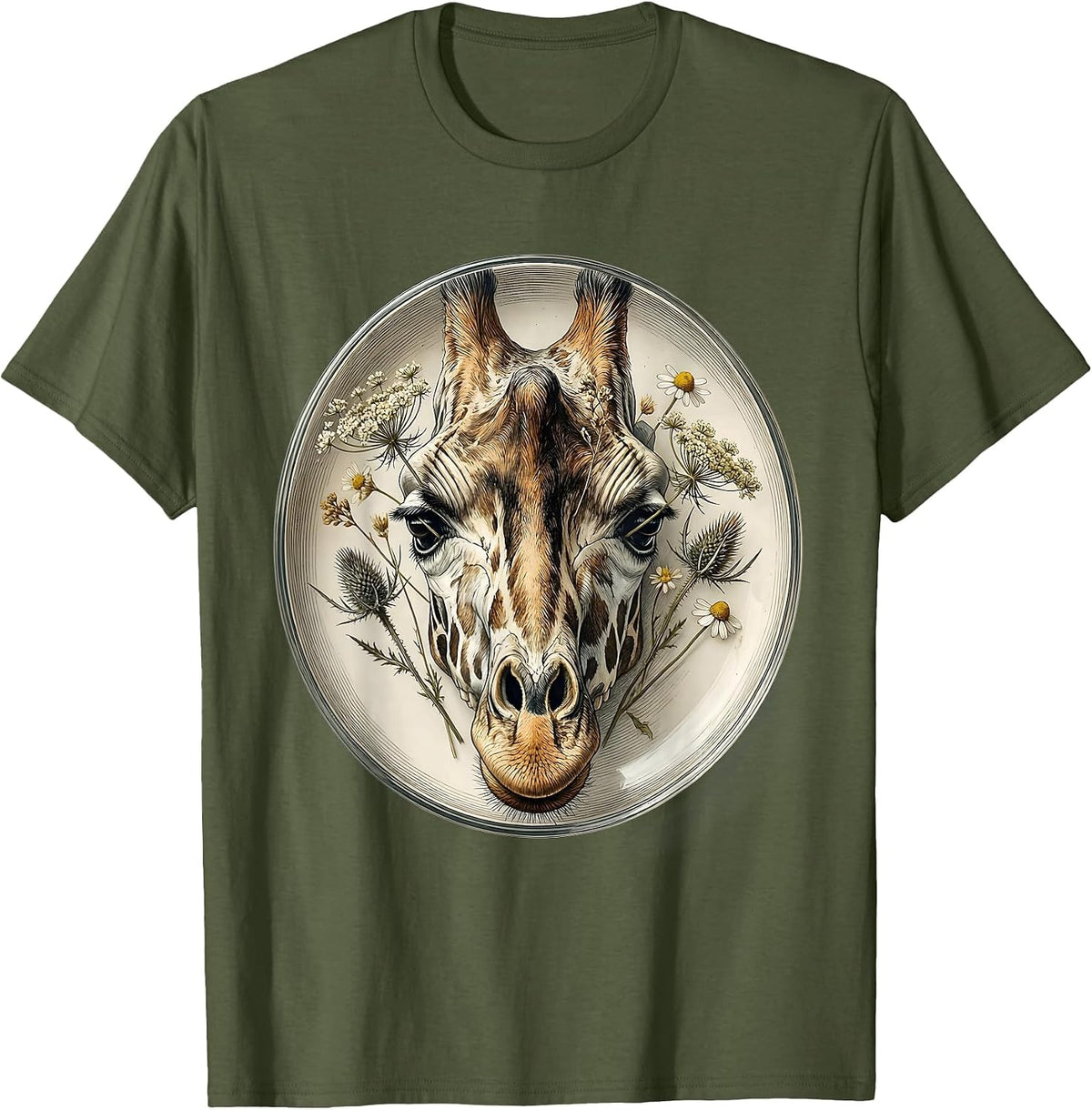 Men's Giraffe Skull Wildflowers Gothic Nature Art T-Shirt - Olive Green