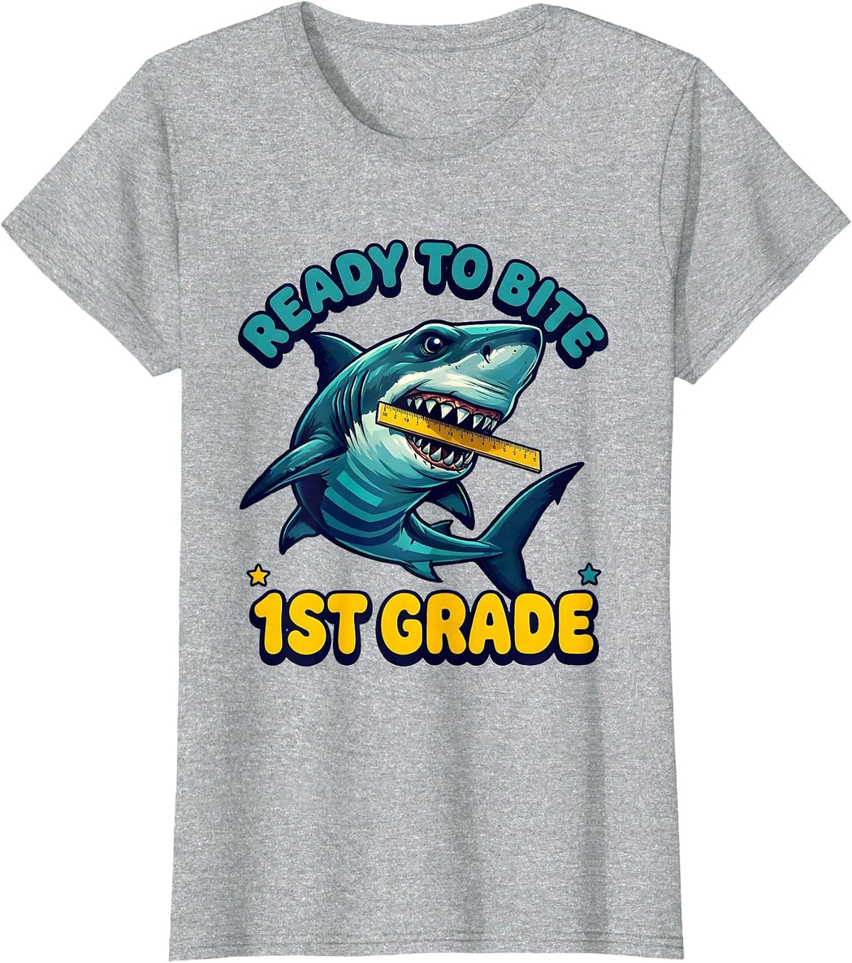 Women's Ready To Bite 1st Grade Bold Bubbly Shark Back To School T-Shirt - Heather Grey