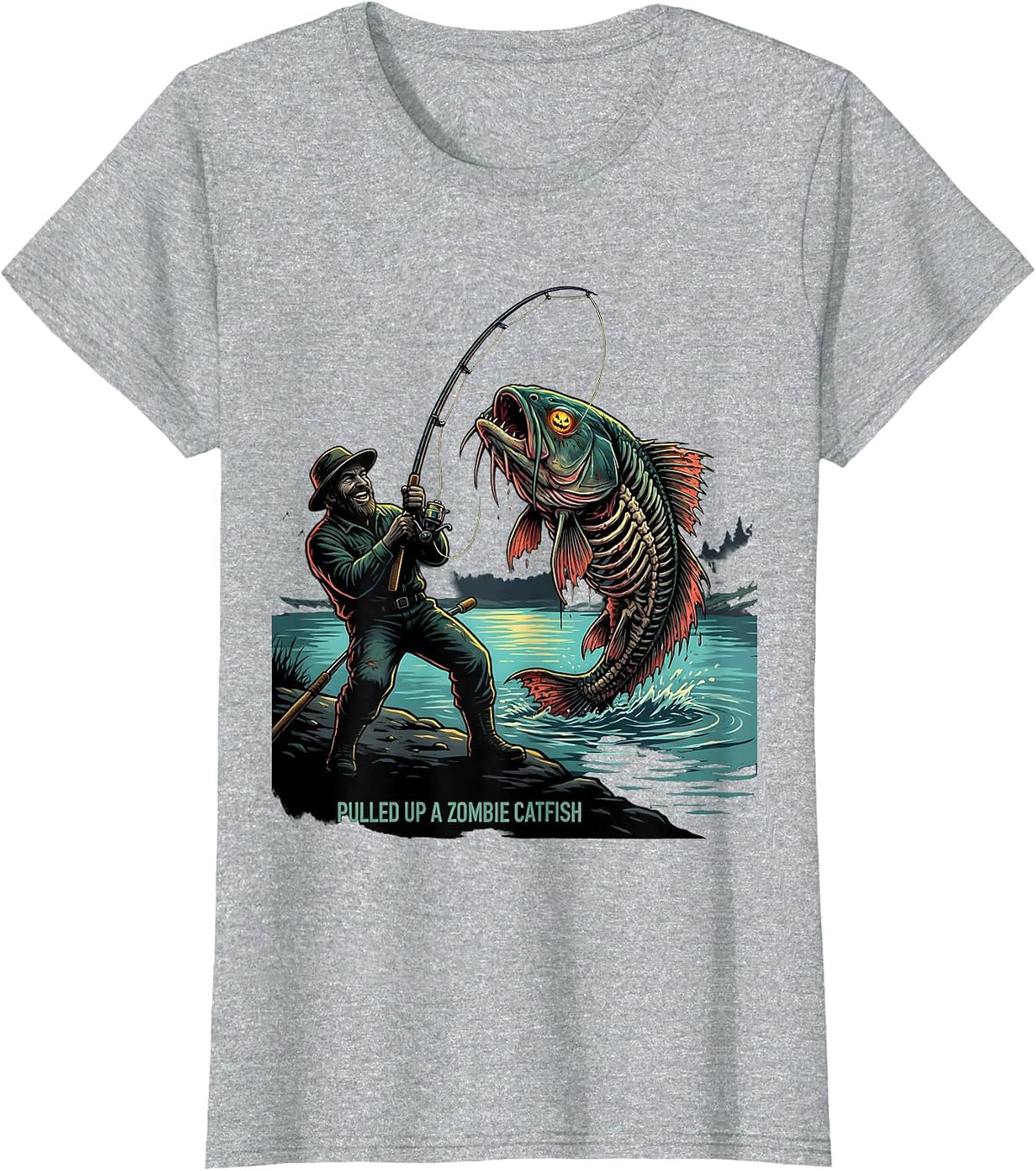 Pulled Up A Zombie Catfish Funny Halloween Fishing Spooky T-Shirt - Heather Grey