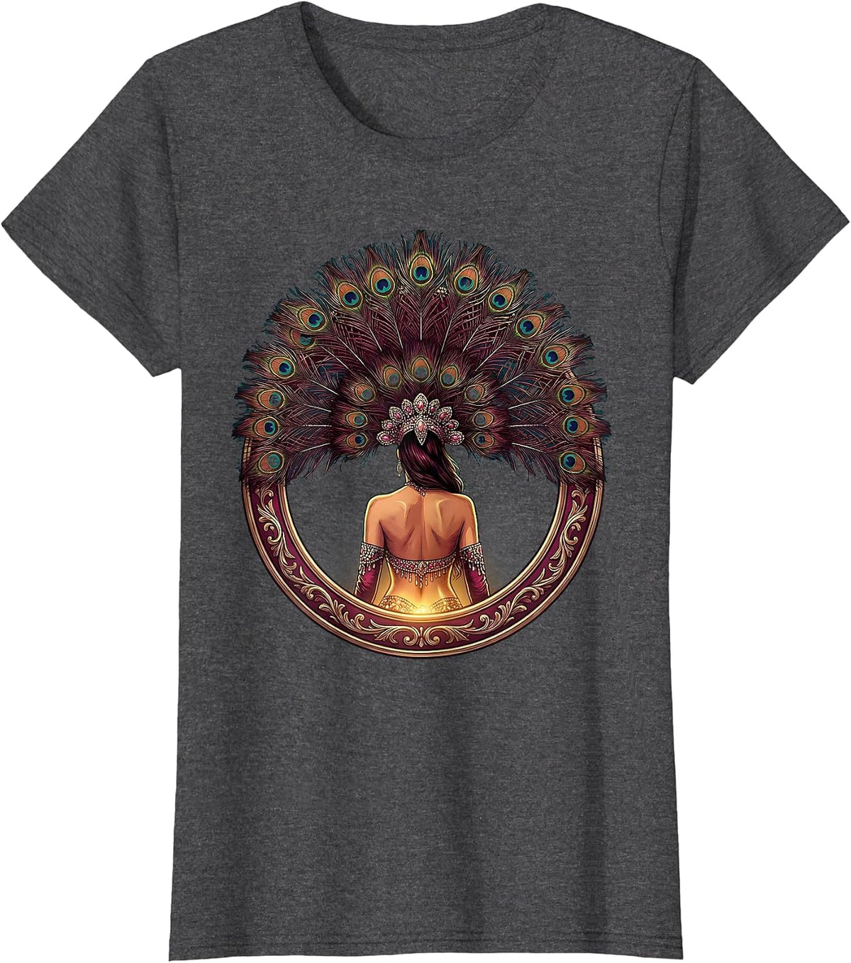 Women's Showgirl Feathered Headdress Graphic Design T-Shirt - Dark Heather Grey