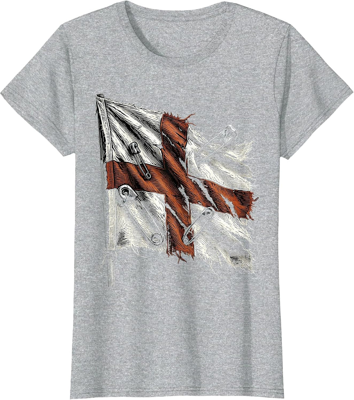 Punk Safety Pin Torn Flag Graphic Design T-Shirt - Heather Grey