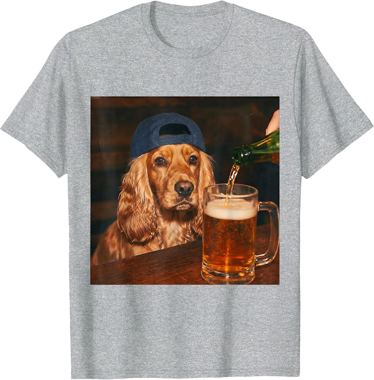 Cocker Spaniel Drinking Beer Tees Funny Fathers Day Dog Meme T-Shirt - Heather Grey