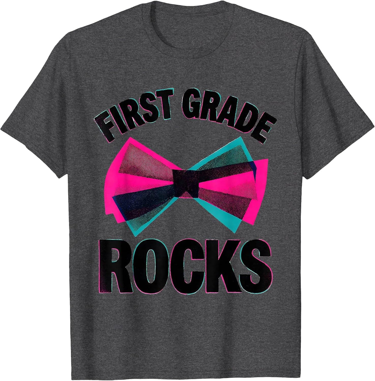 First Grade Rocks Risograph Coquette Bow Back to School T-Shirt - Dark Heather Grey