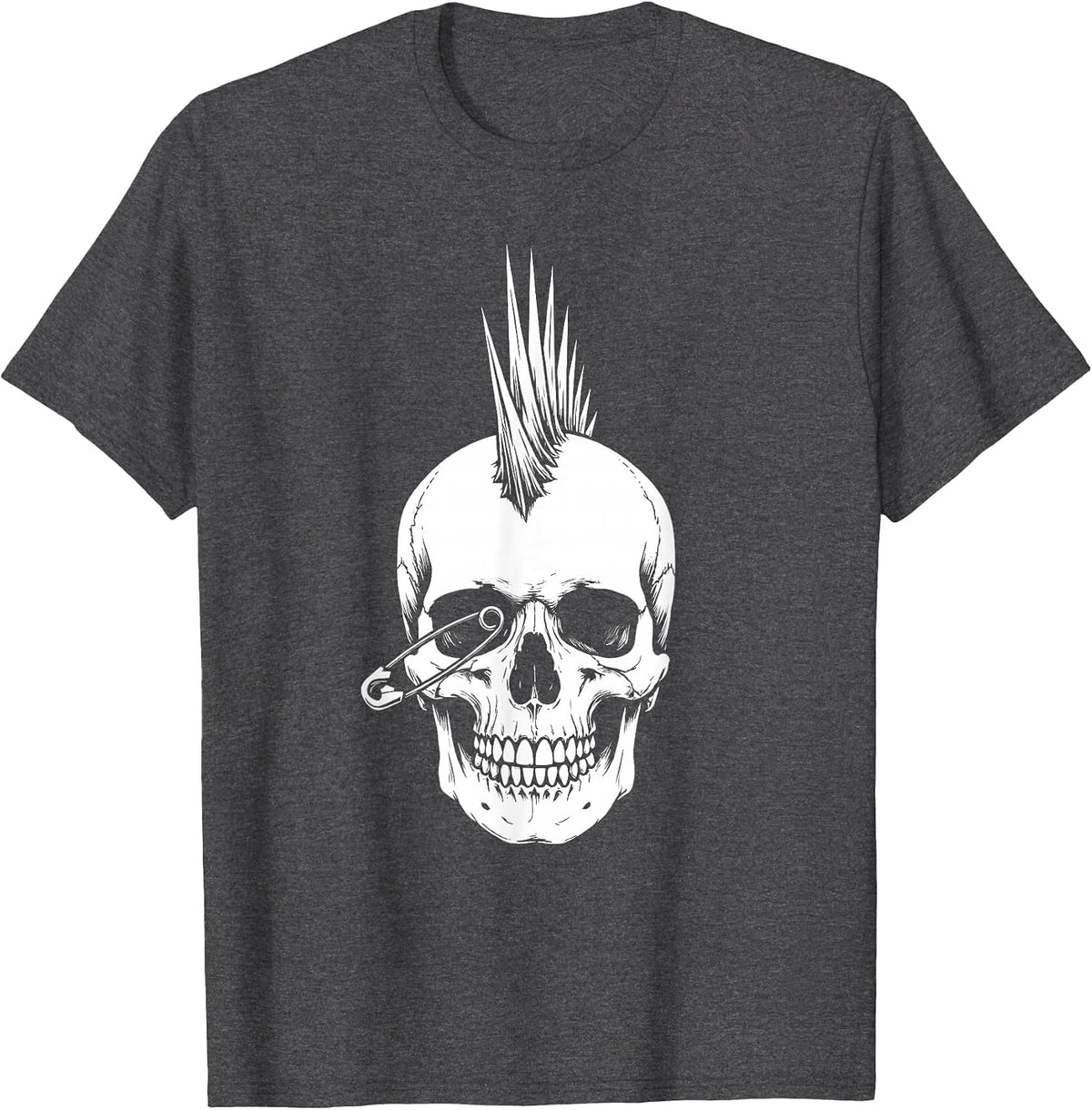 Mohawk Skull Safety Pin Punk Rock Graphic T-Shirt - Dark Heather Grey