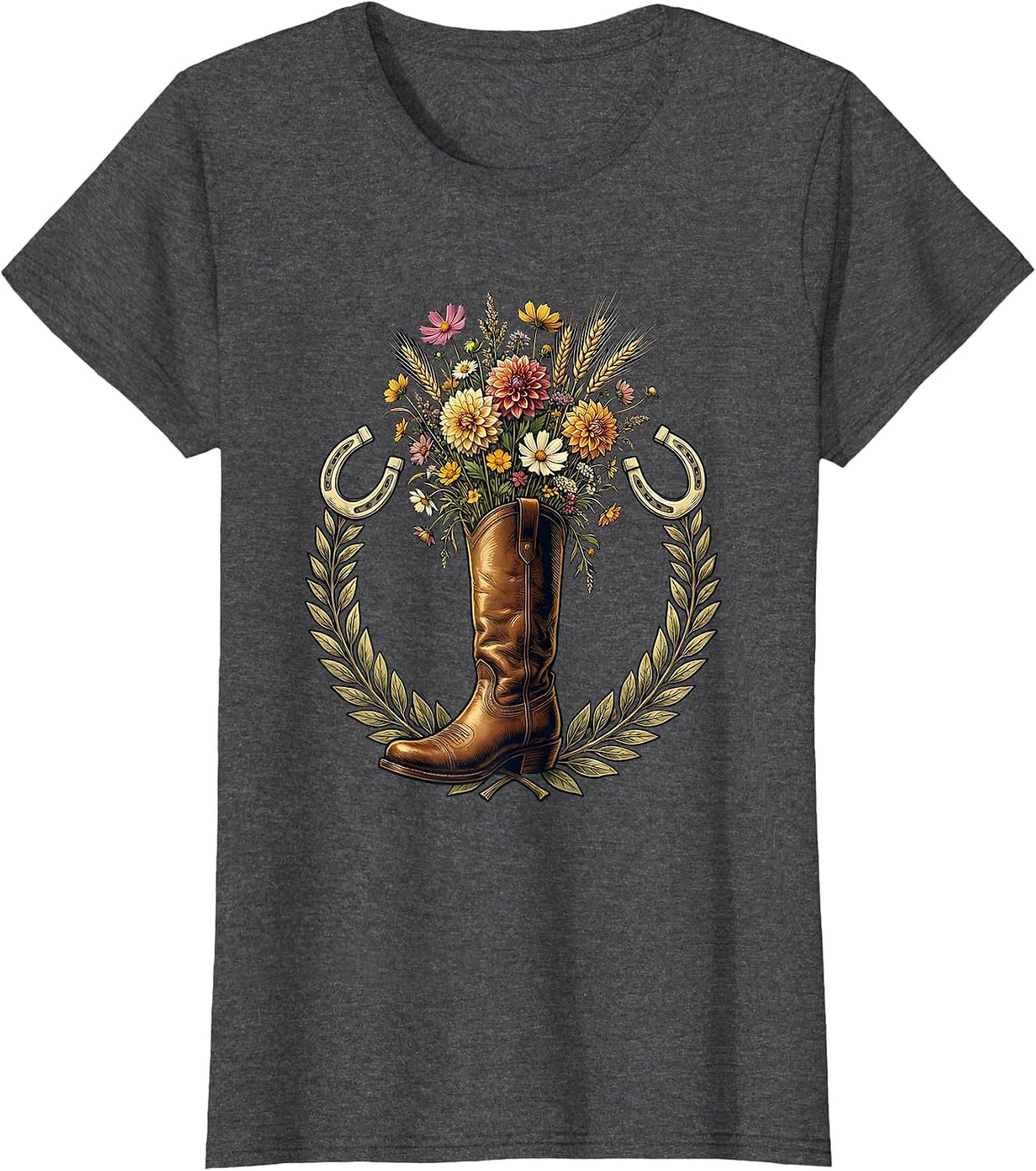 Women's Derby Floral Riding Boot Fall Fashion Graphic T-Shirt - Dark Heather Grey
