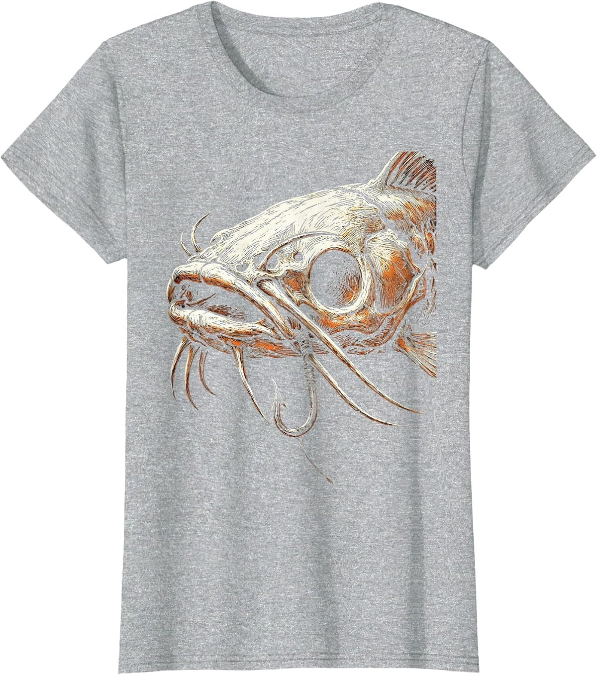 Women's Catfish Skull Hook Jaw Dark Fishing Graphic T-Shirt - Heather Grey