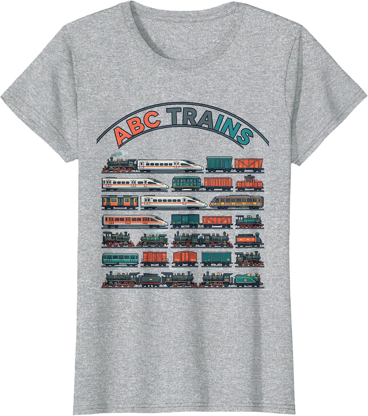 Women's ABC Trains Bold Alphabet A-Z Kids Learning Letters Railway T-Shirt - Heather Grey