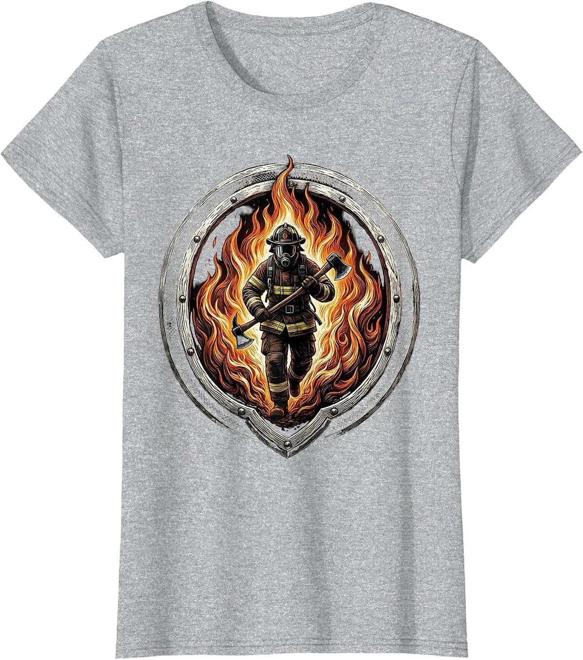 Women's Firefighter Silhouette Walking Through Flames T-Shirt - Heather Grey