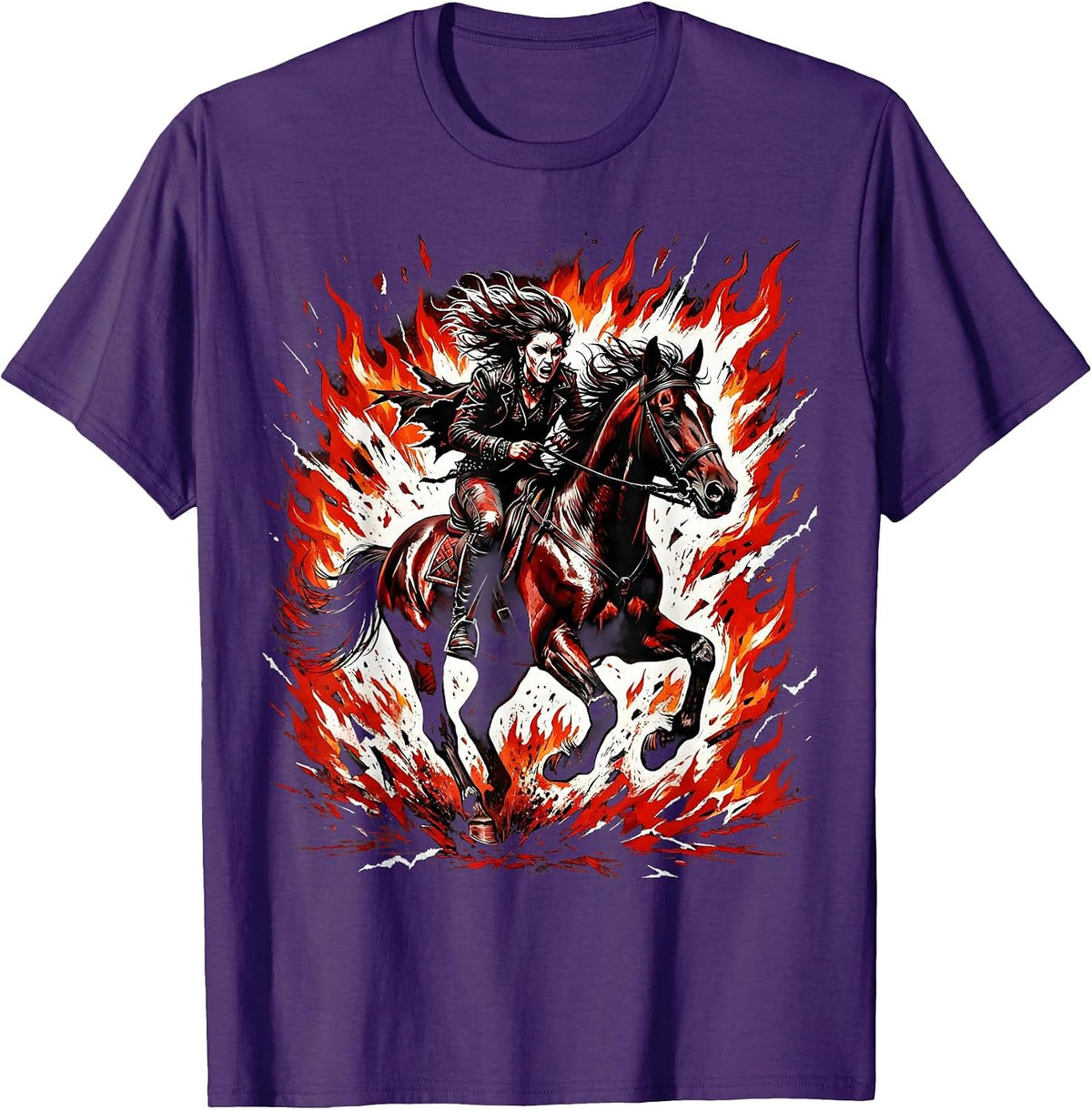 Rider Through Fire Galloping Horse Illustration T-Shirt - Purple